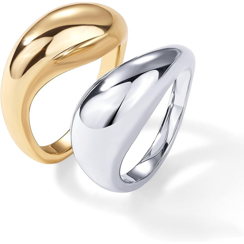 PAVOI 14K Gold Plated Mixed Metal Chunky Two Tone Wavy Dome Rings Pack for Women | Statement Ring Set - Image 3