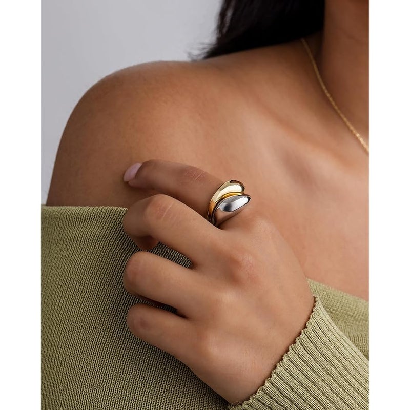 PAVOI 14K Gold Plated Mixed Metal Chunky Two Tone Wavy Dome Rings Pack for Women | Statement Ring Set - Image 2