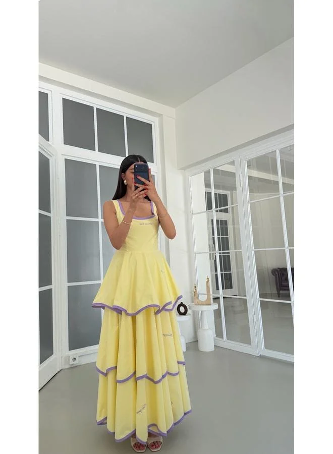 Gaus  Yellow Belt Embroidered Layered Premium Dress GAUS-01838. for Women | Best Price UAE