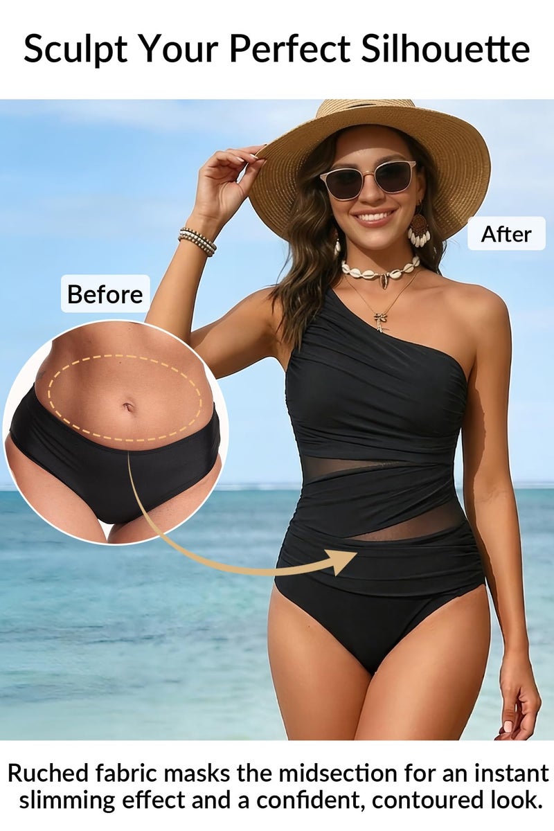Aqua Eve Women Mesh One Piece Swimsuit - Tummy Control One Shoulder Bathing Suit Cut Out Swimwear 2026 Black Large - Image 3