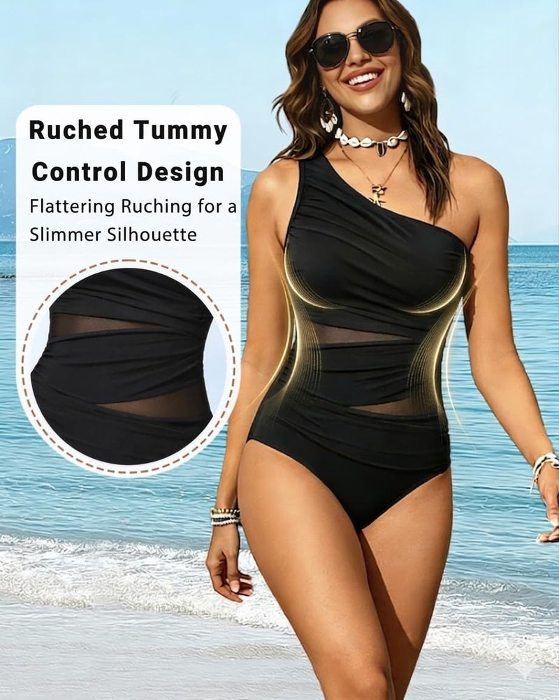Aqua Eve Women Mesh One Piece Swimsuit - Tummy Control One Shoulder Bathing Suit Cut Out Swimwear 2026 Black Large - Image 4
