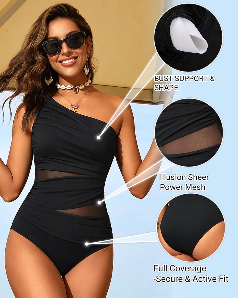 Aqua Eve Women Mesh One Piece Swimsuit - Tummy Control One Shoulder Bathing Suit Cut Out Swimwear 2026 Black Large - Image 5