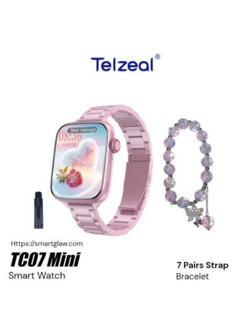 تلزيل مجموعة ساعات TELZEAL TC07 الذكية الصغيرة - ساعة ذكية أنيقة تعمل باللمس مع شاشة مزينة بالزهور، وسوار من الخرز الأرجواني، و7 أحزمة قابلة للتبديل - هدية أنيقة للنساء والفتيات - Image 1