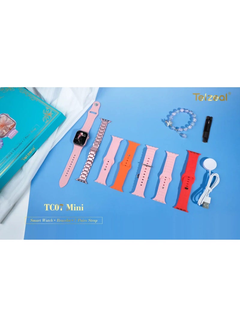 تلزيل مجموعة ساعات TELZEAL TC07 الذكية الصغيرة - ساعة ذكية أنيقة تعمل باللمس مع شاشة مزينة بالزهور، وسوار من الخرز الأرجواني، و7 أحزمة قابلة للتبديل - هدية أنيقة للنساء والفتيات - Image 3