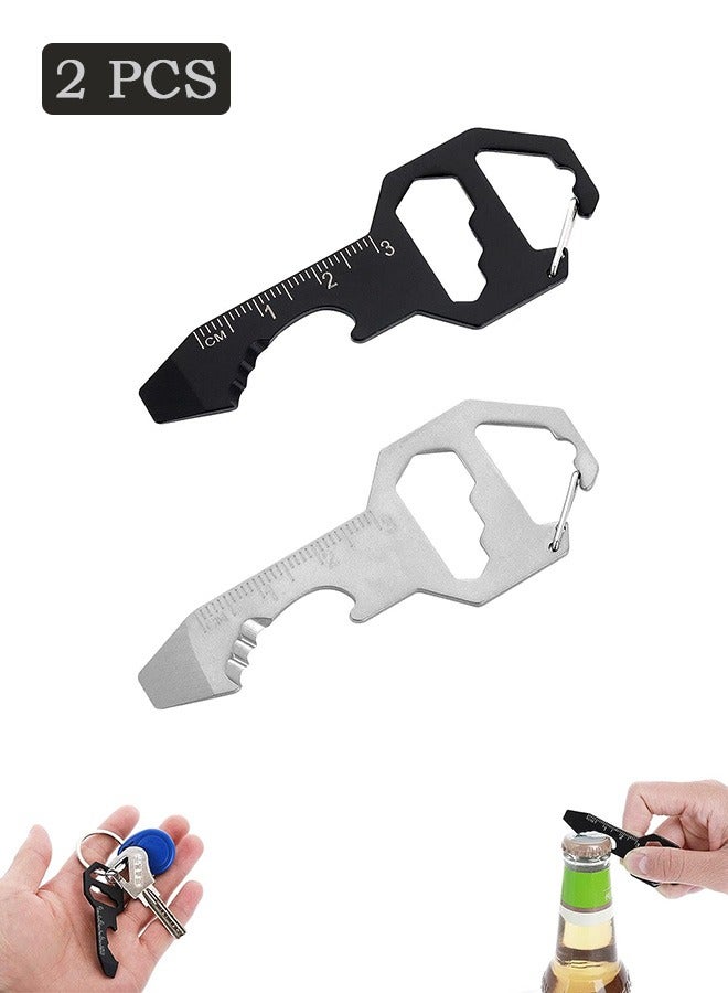 2 Pcs Multifunction Bottle Opener Keychain, 6-in-1 Keychain Pocket Tool, Stainless Steel Gadget (Black, Silver)  - Image 1