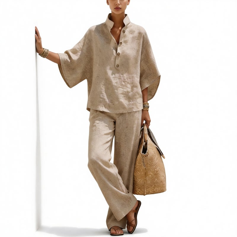 Women's Cotton Linen Shirt and Pants Two-Piece Set - Image 1