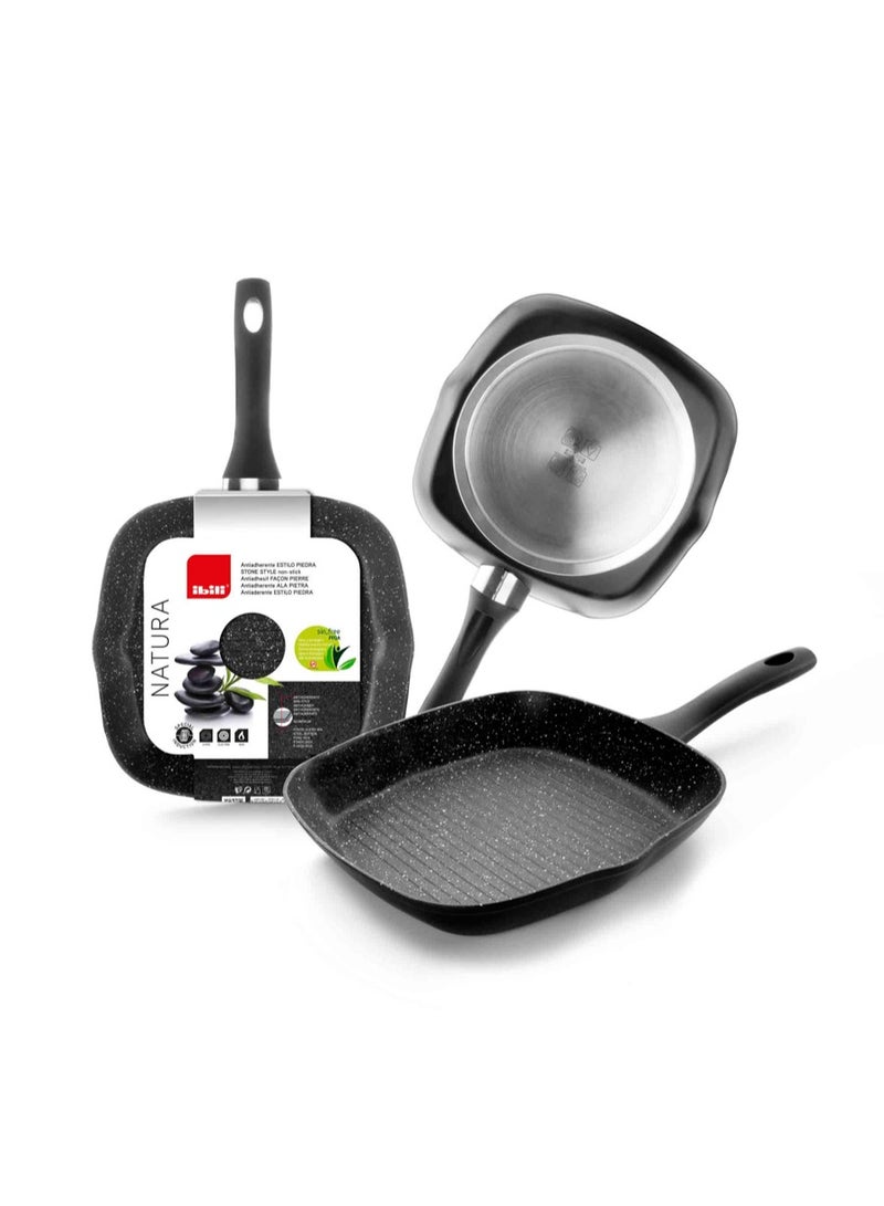 ibili مقلاة الشواء الموجية ناتورا 28x28 سم، متوافقة مع الحث، من الألمنيوم، بطبقة حجرية خالية من PFOA، غير لاصقة، مقاومة للخدش، أواني طهي متينة، موفرة للطاقة، مقبض مريح، مناسبة للطهي على الغاز والكهرباء والسيراميك.
