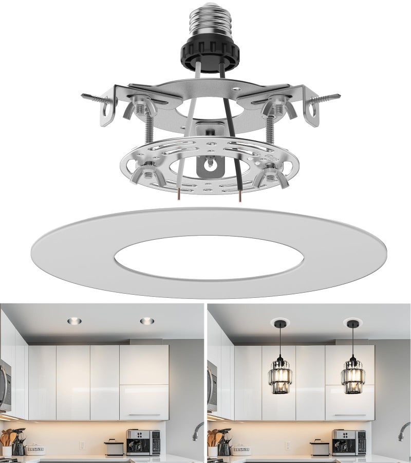tebio Recessed Can Light Conversion Kit for 5" and 6" Ceiling Fixtures - Pendant/Hanging Light Upgrade, Compatible with Ceiling Fans, Includes 7Â¾" Flat Steel Medallion, White Finish - Image 1