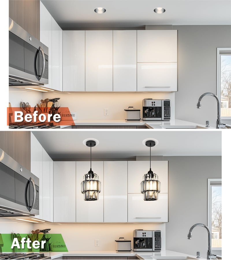 tebio Recessed Can Light Conversion Kit for 5" and 6" Ceiling Fixtures - Pendant/Hanging Light Upgrade, Compatible with Ceiling Fans, Includes 7Â¾" Flat Steel Medallion, White Finish - Image 5
