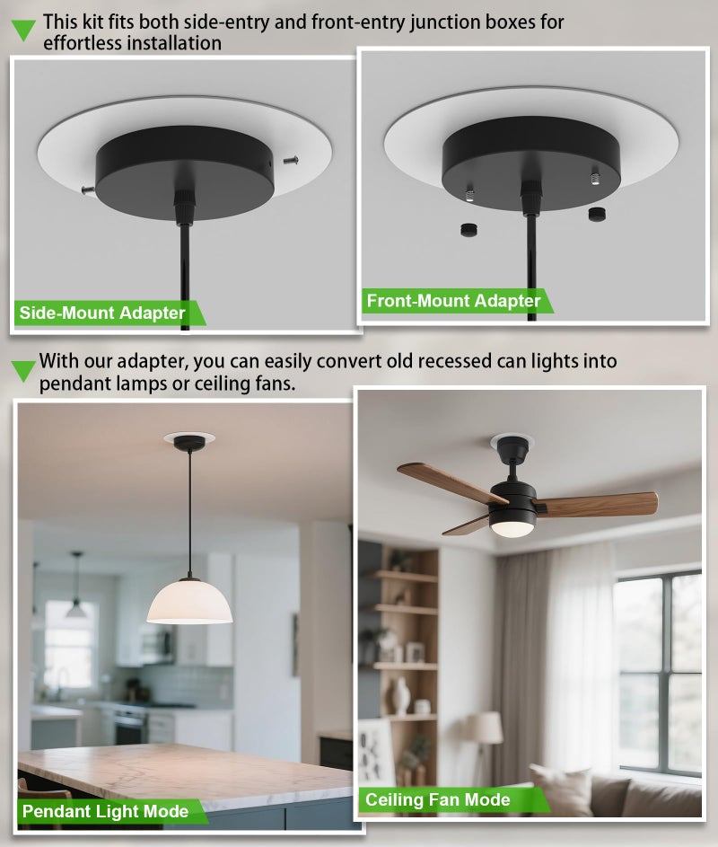 tebio Recessed Can Light Conversion Kit for 5" and 6" Ceiling Fixtures - Pendant/Hanging Light Upgrade, Compatible with Ceiling Fans, Includes 7Â¾" Flat Steel Medallion, White Finish - Image 3