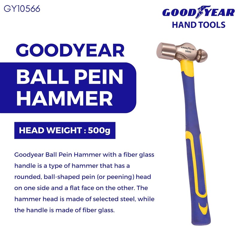 Good Year Ball Pein Hammer, Fibre Glass Handle Metal Hammer Hand Tools 500gm Weight Ball Pein Hammer Fibre Glass Handle(500g) Ball Peen Hammer - Image 2