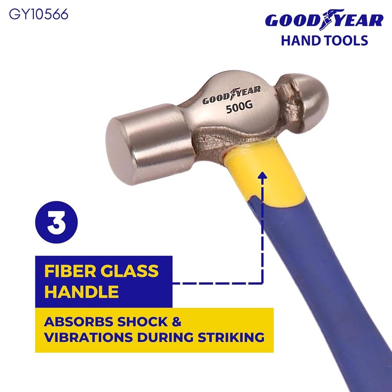 Good Year Ball Pein Hammer, Fibre Glass Handle Metal Hammer Hand Tools 500gm Weight Ball Pein Hammer Fibre Glass Handle(500g) Ball Peen Hammer - Image 5