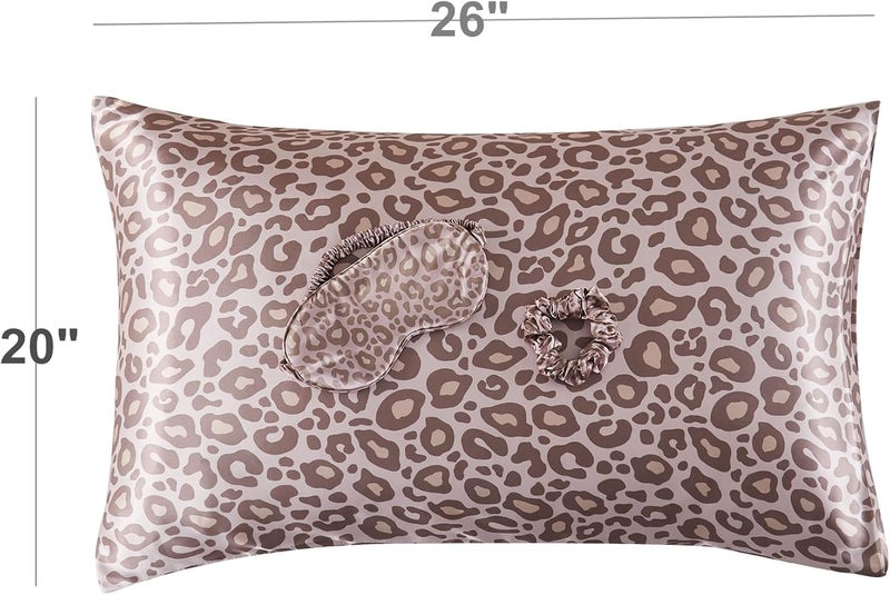URLINENS غطاء وسادة من الساتان للشعر والبشرة، مجموعة نوم من حرير نباتي فائقة النعومة - 2 غطاء وسادة من الساتان مقاس قياسي، 1 قناع عين، 1 ربطة شعر، مجموعة روتين ليلي أساسية من الساتان للعناية الذاتية، نمط النمر الوردي - Image 3