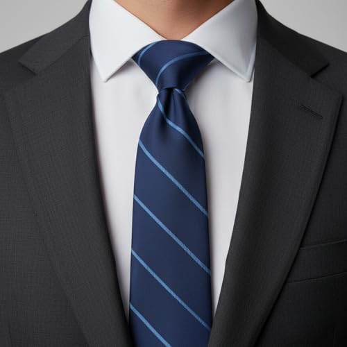 Young Arrow Men's Stripe Microfiber Necktie | Formal Tie for Office, Wedding & Party | Elegant Striped Pattern | Business, Casual & Gift Wear Accessory (Navy Blue & Light Blue) - Image 4