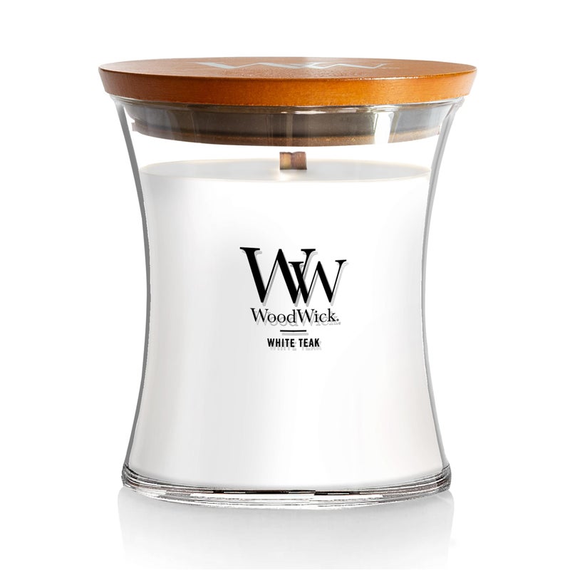 WoodWick Medium Hourglass Candle White Teak - Premium Soy Blend Wax Pluswick Innovation Wood Wick Made in USA - Image 1