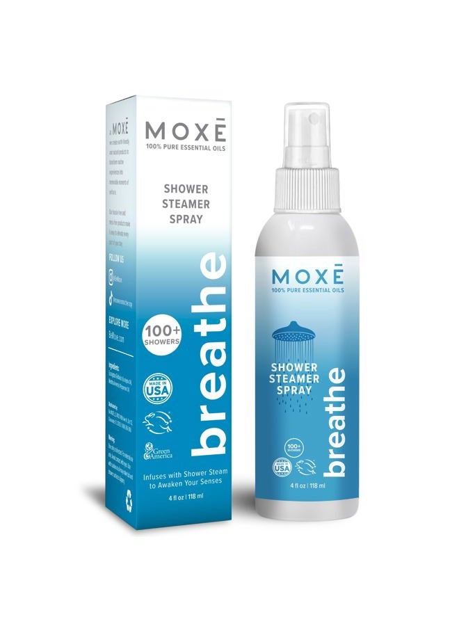MOXE MOXĒ Breathe in-Shower Aromatherapy Mist, 4 Ounces, 100% Essential Oils Sinus Steam Spray, Congestion Relief, Invigorating Plant Based Blend, Peppermint & Eucalyptus Oil, Made in USA - Image 1