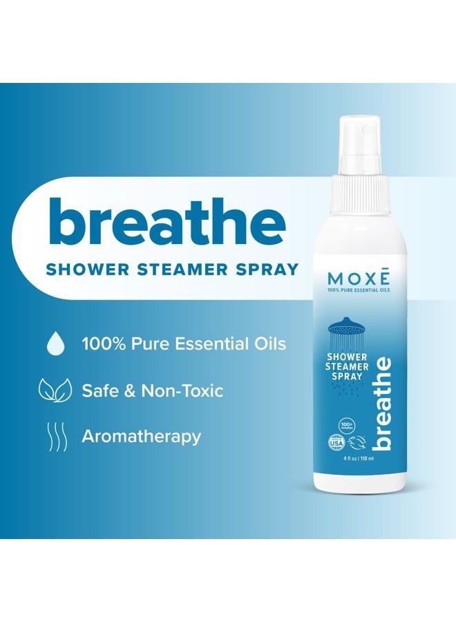 MOXE MOXĒ Breathe in-Shower Aromatherapy Mist, 4 Ounces, 100% Essential Oils Sinus Steam Spray, Congestion Relief, Invigorating Plant Based Blend, Peppermint & Eucalyptus Oil, Made in USA - Image 2