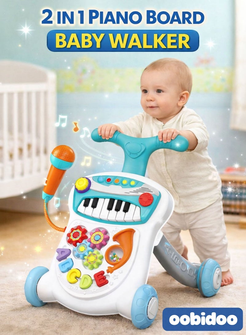 Oobidoo 2 In 1 Piano Board Baby Walker Push Toy With Music Lights Microphone Interactive Activity Panel Rotating Gears Alphabet Learning Blocks Shape Sorter Walking Support Wide Supportive Base Anti Slip Wheels Early Development Toy For Babies Toddlers 0 Months Plus Blue - Image 1