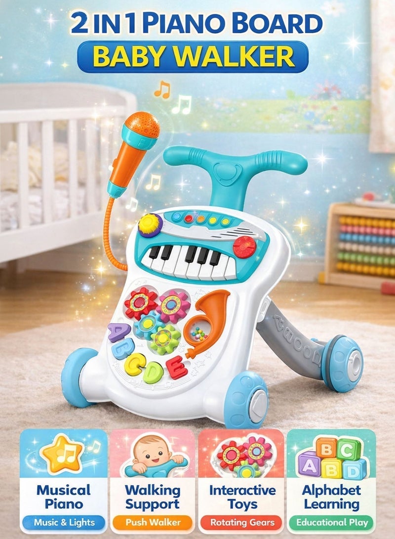 Oobidoo 2 In 1 Piano Board Baby Walker Push Toy With Music Lights Microphone Interactive Activity Panel Rotating Gears Alphabet Learning Blocks Shape Sorter Walking Support Wide Supportive Base Anti Slip Wheels Early Development Toy For Babies Toddlers 0 Months Plus Blue - Image 2