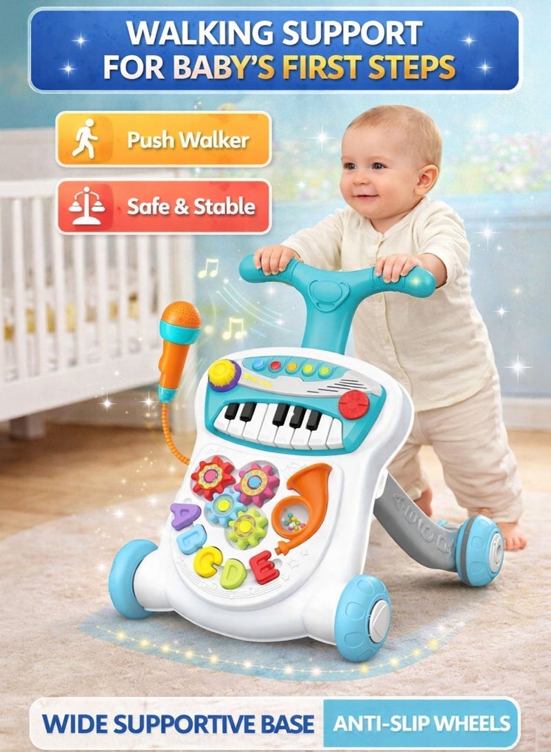Oobidoo 2 In 1 Piano Board Baby Walker Push Toy With Music Lights Microphone Interactive Activity Panel Rotating Gears Alphabet Learning Blocks Shape Sorter Walking Support Wide Supportive Base Anti Slip Wheels Early Development Toy For Babies Toddlers 0 Months Plus Blue - Image 3