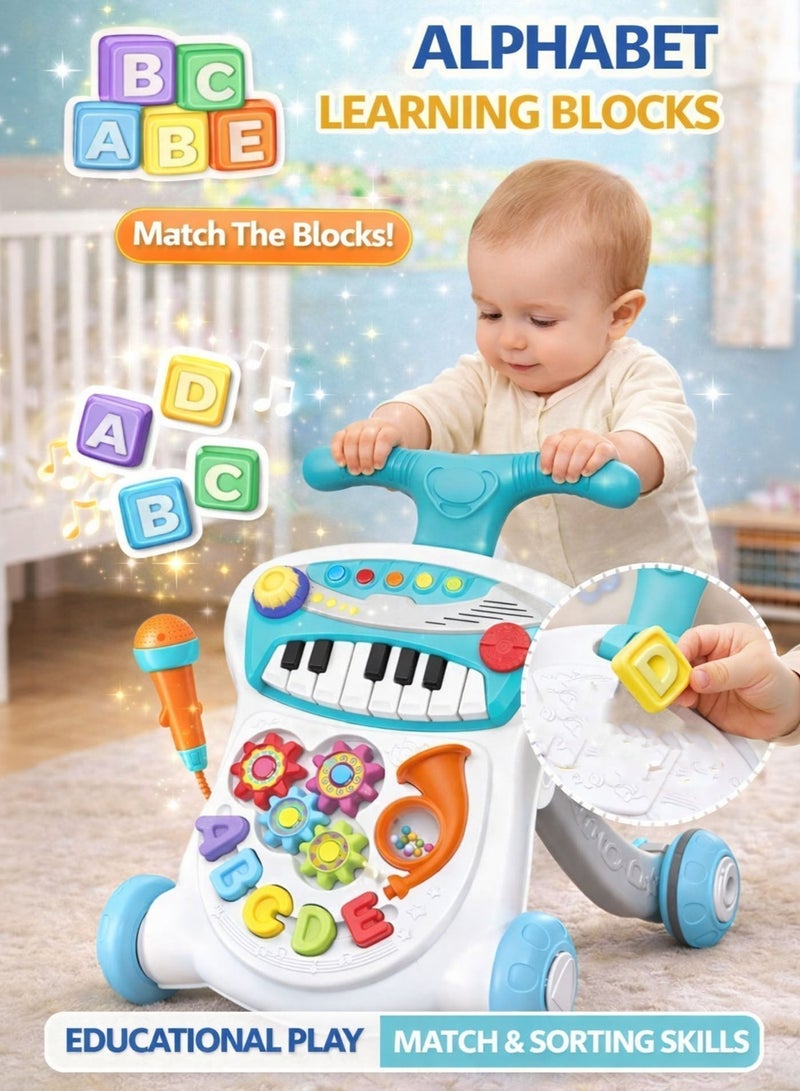Oobidoo 2 In 1 Piano Board Baby Walker Push Toy With Music Lights Microphone Interactive Activity Panel Rotating Gears Alphabet Learning Blocks Shape Sorter Walking Support Wide Supportive Base Anti Slip Wheels Early Development Toy For Babies Toddlers 0 Months Plus Blue - Image 4