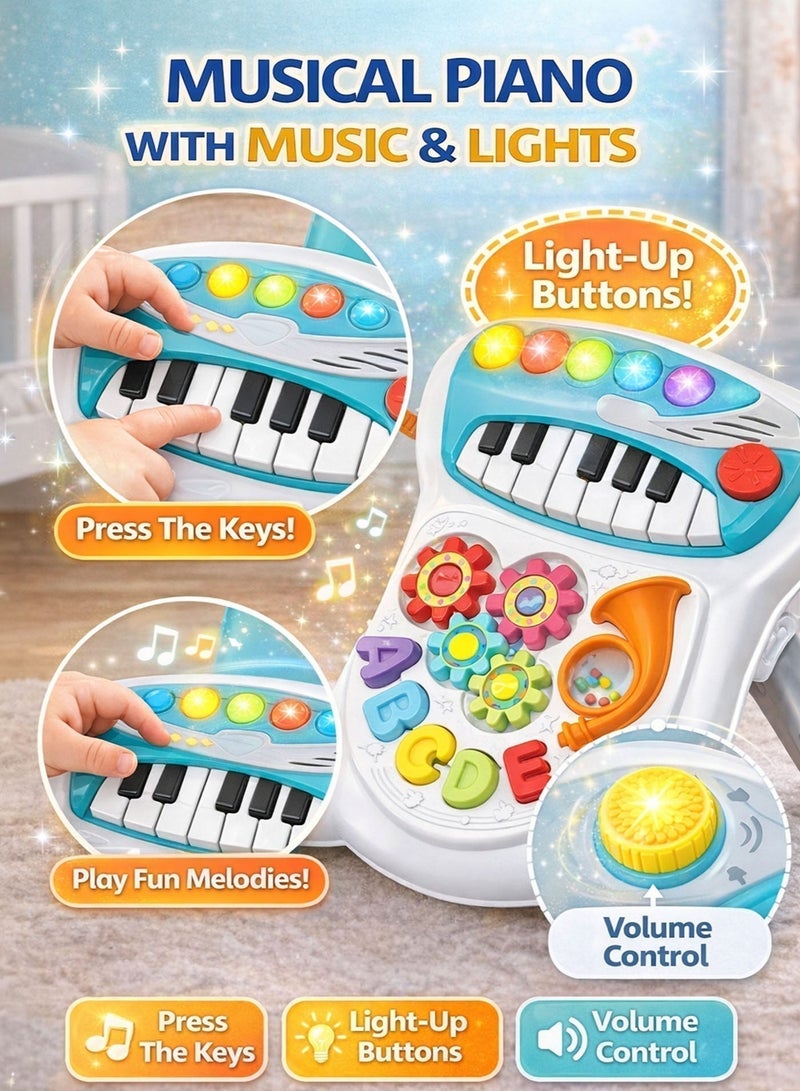 Oobidoo 2 In 1 Piano Board Baby Walker Push Toy With Music Lights Microphone Interactive Activity Panel Rotating Gears Alphabet Learning Blocks Shape Sorter Walking Support Wide Supportive Base Anti Slip Wheels Early Development Toy For Babies Toddlers 0 Months Plus Blue - Image 5