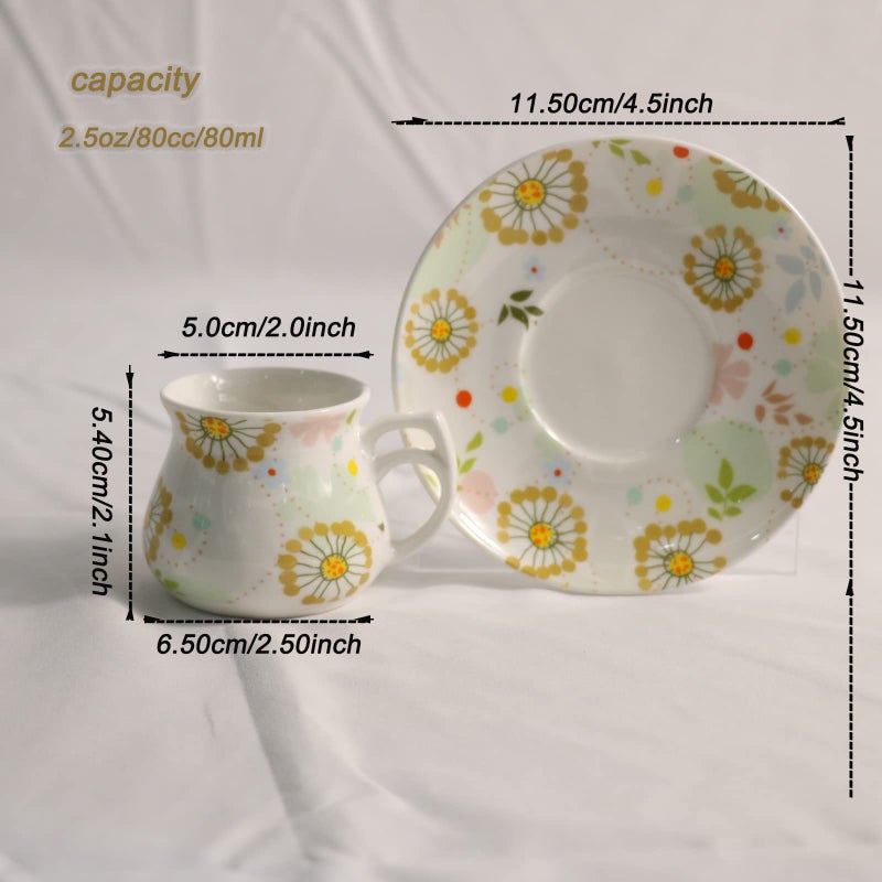 GuangYang 12 pieces Expresso Cups and Saucers for 6 People,2 oz Turkish Coffee Cup set of 6,Lucky Floral Pattern,Good Gift Set - Image 5