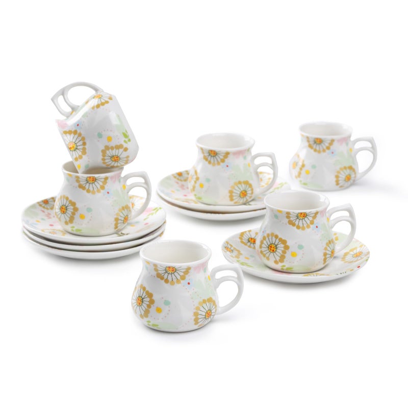 GuangYang 12 pieces Expresso Cups and Saucers for 6 People,2 oz Turkish Coffee Cup set of 6,Lucky Floral Pattern,Good Gift Set - Image 1