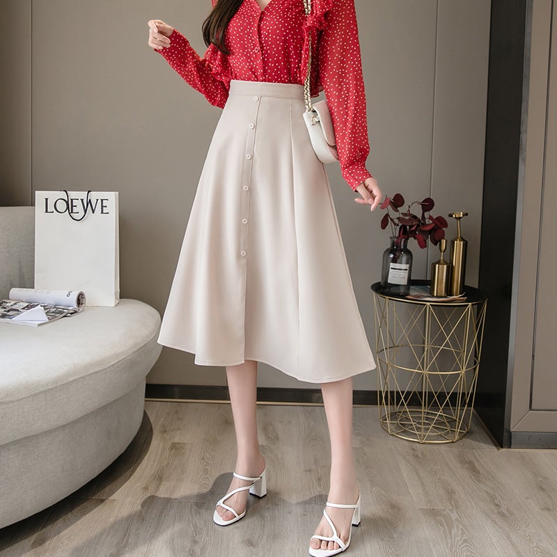 Mid-Length Skirt 2023 Style Buckle All-Match High Waist Large Swing Skirt Suitable For Thick Hip And Thigh Skirt - Image 3