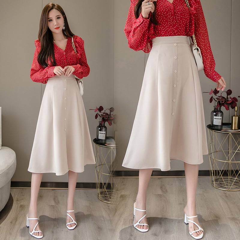 Mid-Length Skirt 2023 Style Buckle All-Match High Waist Large Swing Skirt Suitable For Thick Hip And Thigh Skirt - Image 1