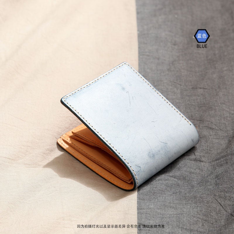 2024 New Leather Wallet Wholesale Fog Wax Top Layer Cowhide Wallet Short Vegetable Tanned Leather Wallet Cross-border Exclusive Blue