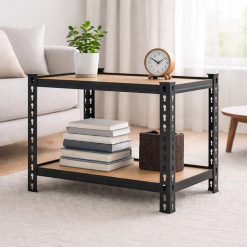 JD FRESH 2-Shelf Adjustable Boltless Metal Shelving Unit/30 x 24 x 12 Inch Metal Storage Rack with Wooden Planks/Standing Shelf Unit for Home/Garage/Office & Shop/Utility Display Rack (Black) - Image 1