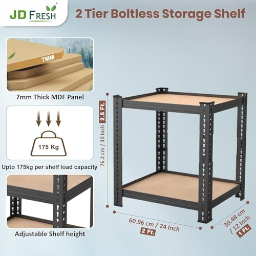 JD FRESH 2-Shelf Adjustable Boltless Metal Shelving Unit/30 x 24 x 12 Inch Metal Storage Rack with Wooden Planks/Standing Shelf Unit for Home/Garage/Office & Shop/Utility Display Rack (Black) - Image 3