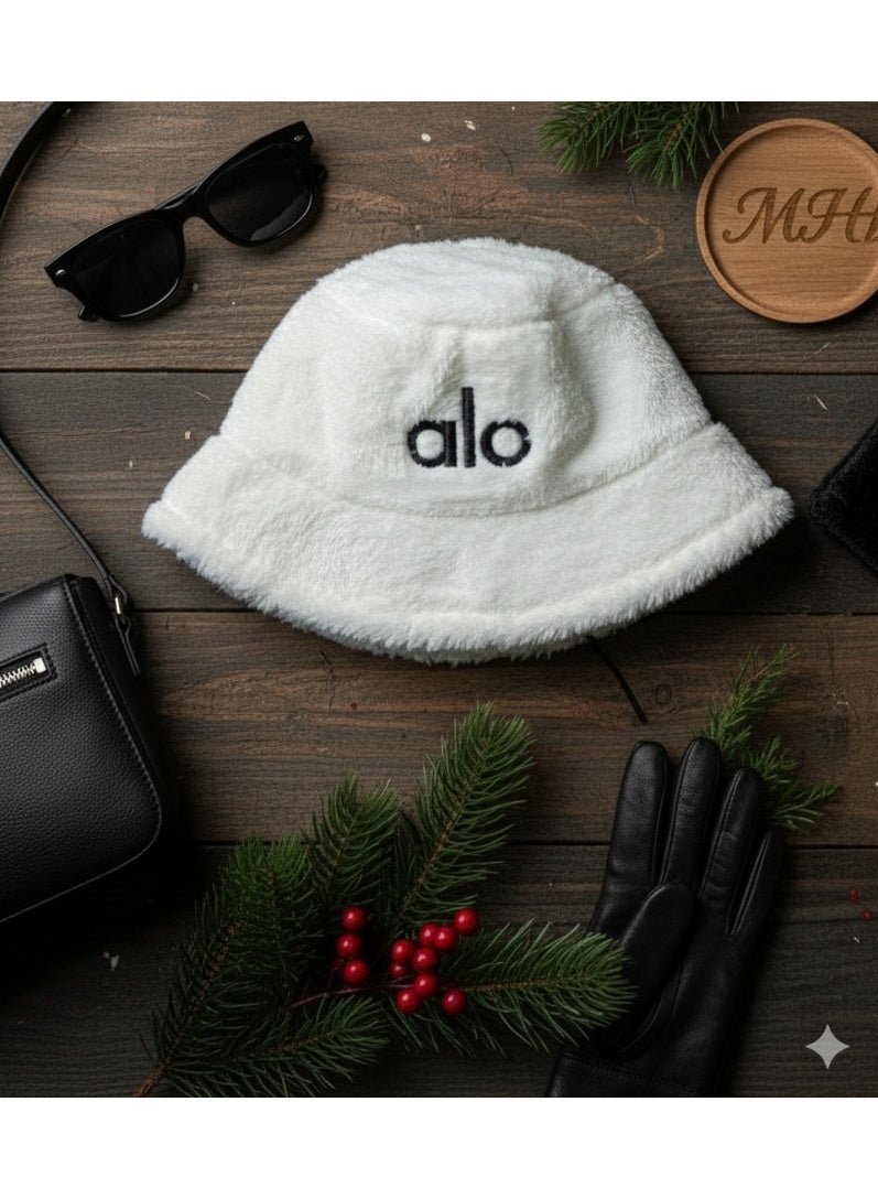 alo Luxury winter fur bucket hat with Alo logo - soft and warm material, stylish unisex design, perfect for winter and everyday outings with a distinctive casual style (white) - Image 5