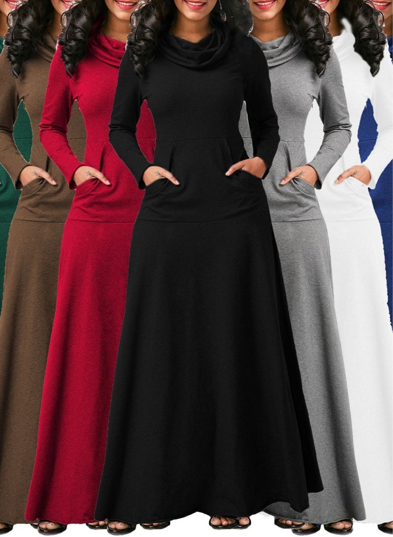 NIBEMINENT Long Sleeve Long Skirt Pile Collar Pocket Mid-length Scarf And Large Swing Slim Dress  - Image 3