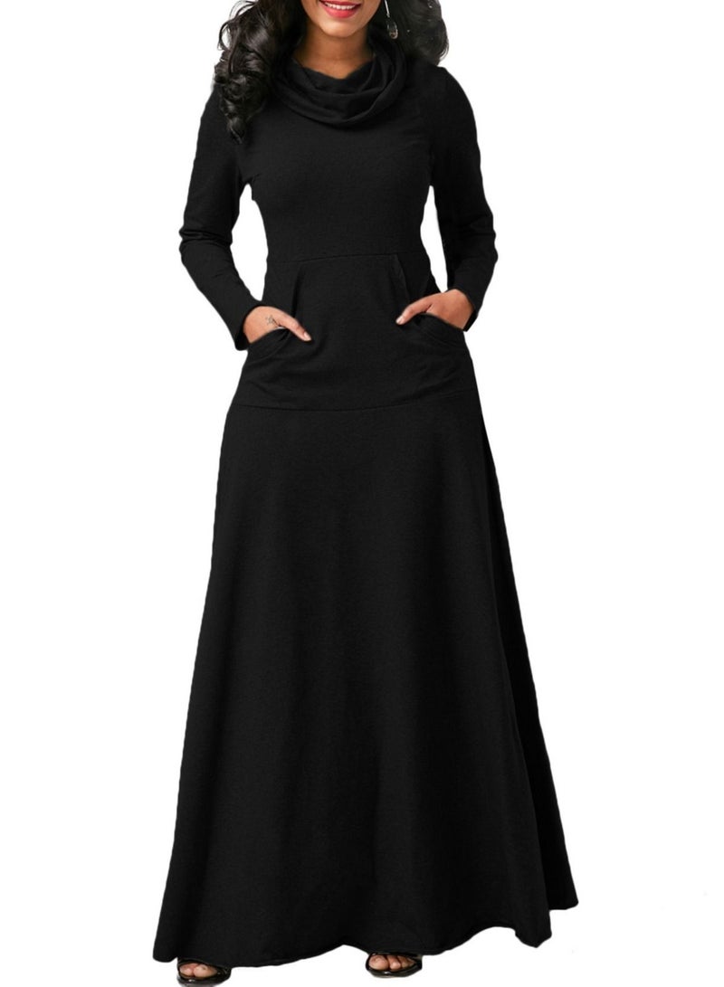 NIBEMINENT Long Sleeve Long Skirt Pile Collar Pocket Mid-length Scarf And Large Swing Slim Dress  - Image 1