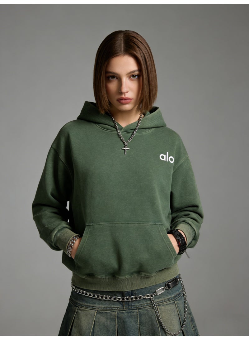 Alo washed green hooded long sleeved sweatshirt - unisex soft thick cotton hooded sweatshirt - Image 1