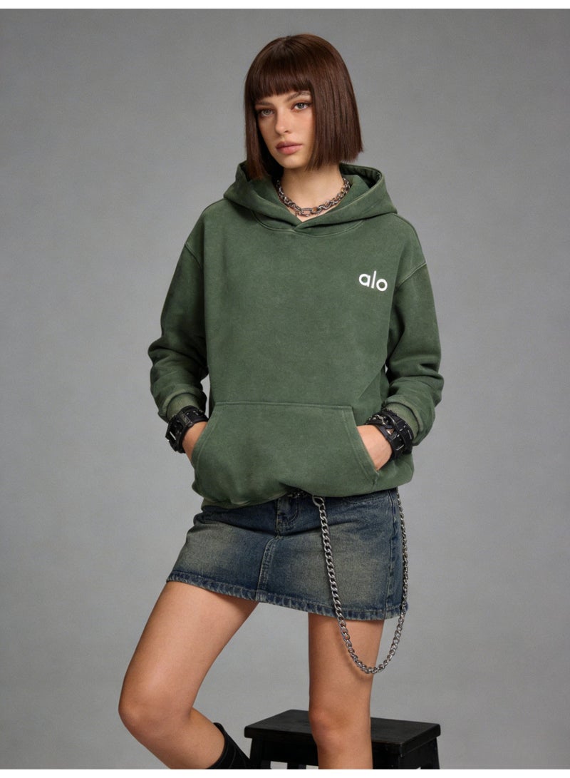 Alo washed green hooded long sleeved sweatshirt - unisex soft thick cotton hooded sweatshirt - Image 5