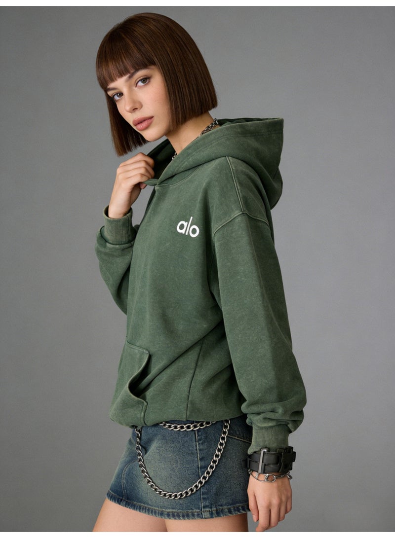 Alo washed green hooded long sleeved sweatshirt - unisex soft thick cotton hooded sweatshirt - Image 2