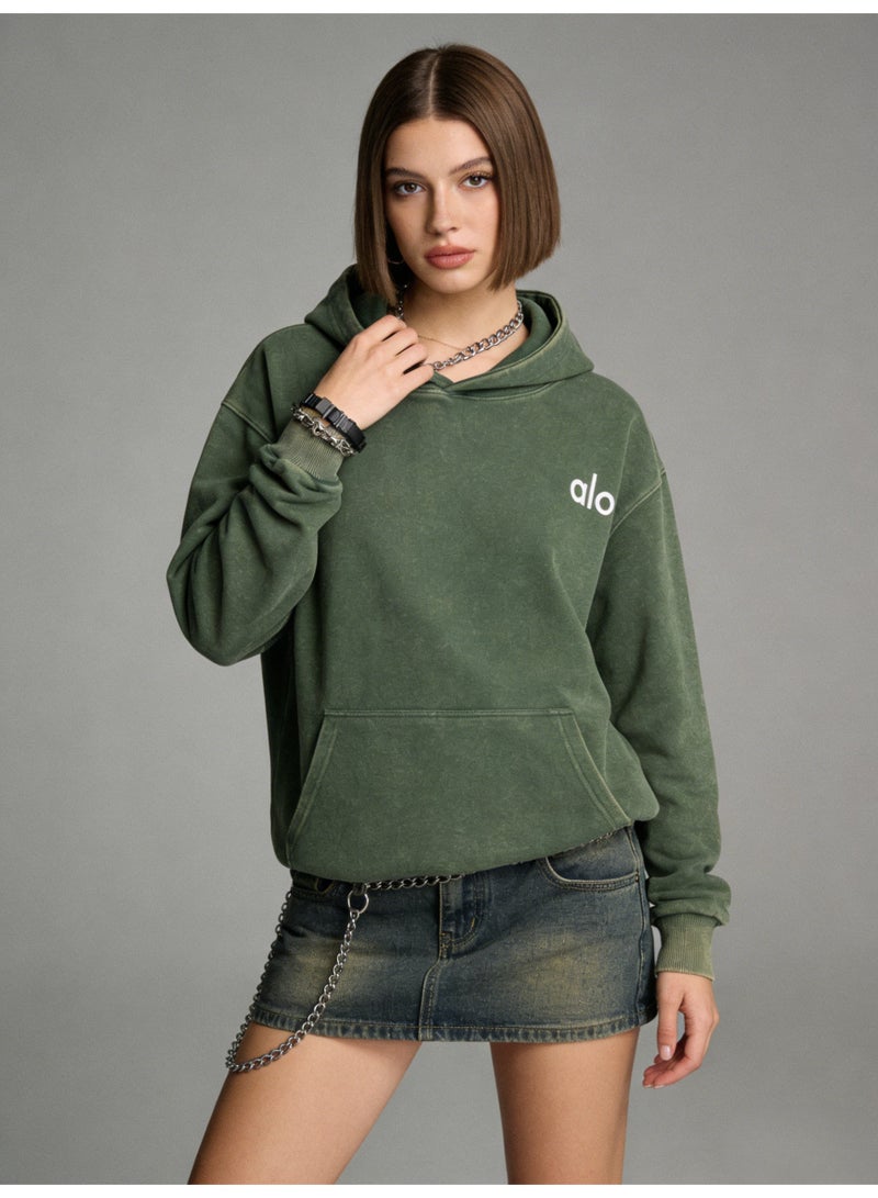 Alo washed green hooded long sleeved sweatshirt - unisex soft thick cotton hooded sweatshirt - Image 3