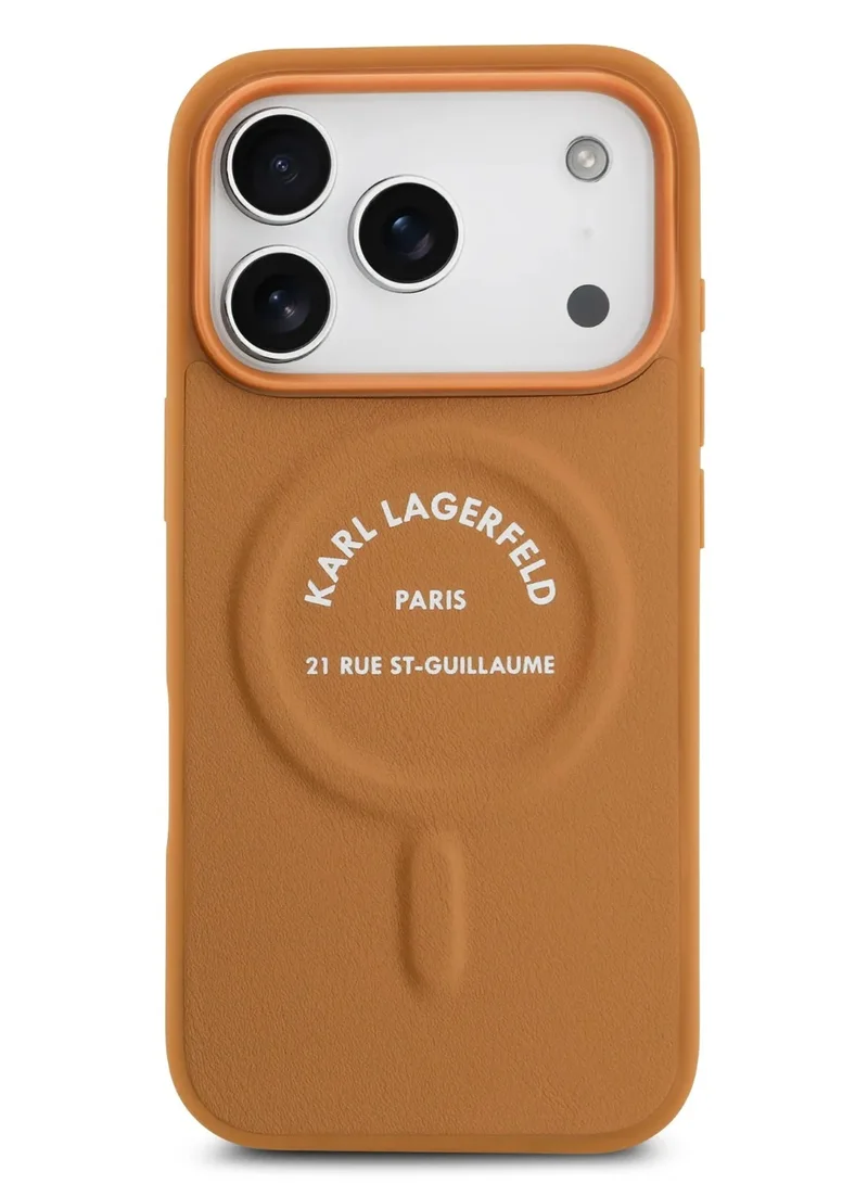 كارل لاغرفيلد جراب MagSafe لهاتف iPhone 17 Pro مصنوع من مادة البولي يوريثان مع أزرار شعار Karl RSG / سهل التركيب / تصميم رفيع / خفيف الوزن / غطاء خلفي - بني