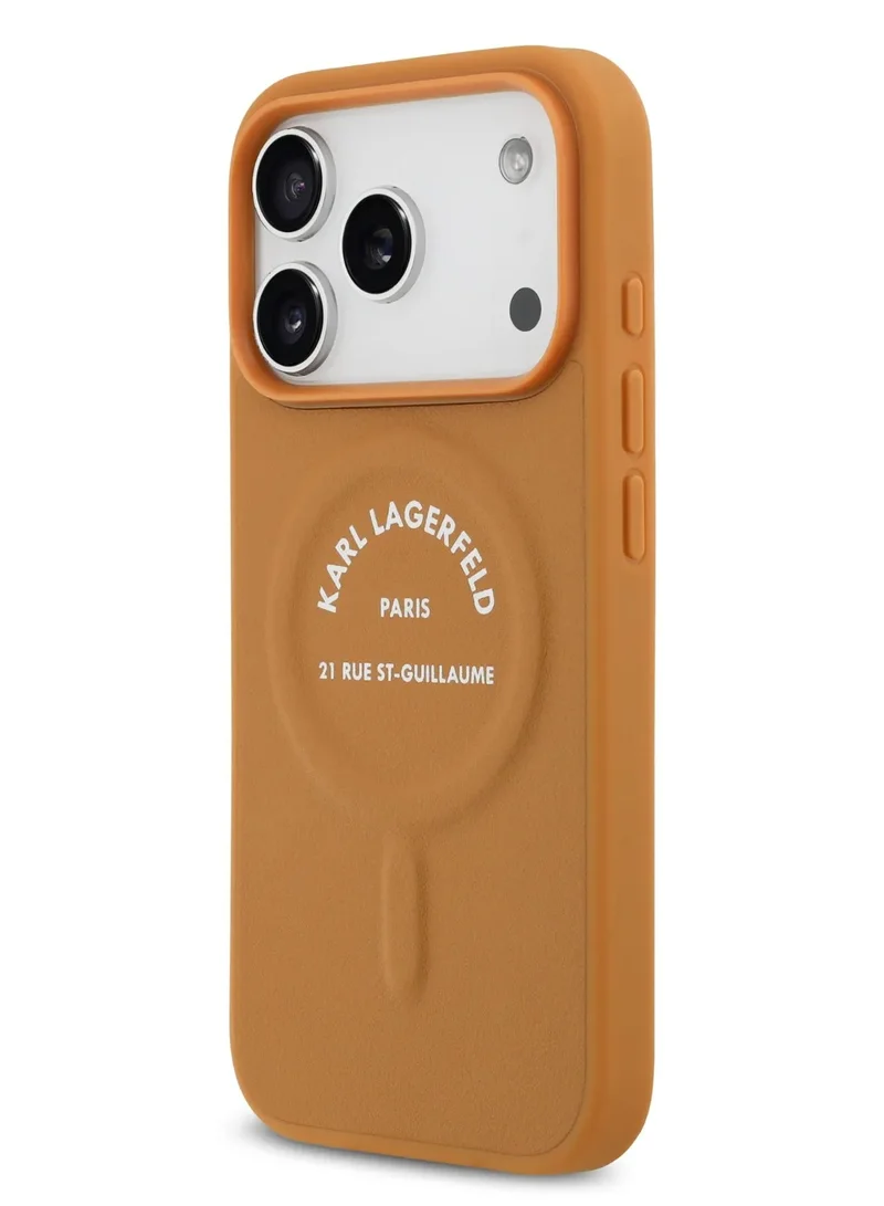 كارل لاغرفيلد جراب MagSafe لهاتف iPhone 17 Pro مصنوع من مادة البولي يوريثان مع أزرار شعار Karl RSG / سهل التركيب / تصميم رفيع / خفيف الوزن / غطاء خلفي - بني