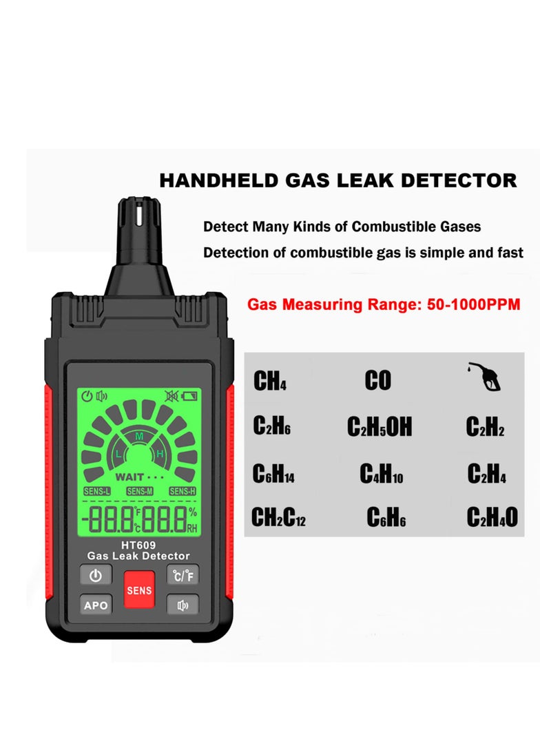 Gas Leak Detector, New Natural Gas Detector with Audible & Visual Alarm, Temp and Humidity Measure, Locates Combustible Gas Sources Like Methane, Propane, for Home (Includes Battery x3)