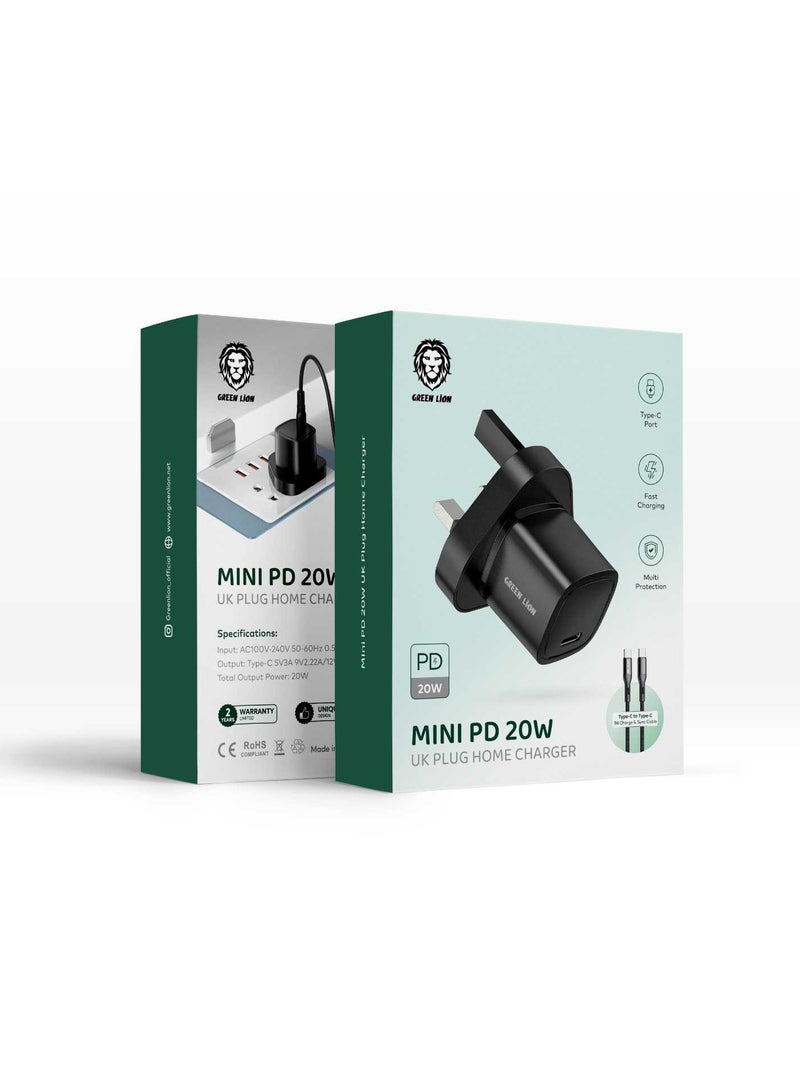 GREEN LION Mini PD 20W Charger UK Plug with Type-C To Type-C Cable 1M Fast Charging Compatible with iPad mini 6，MacBook Pro 2021 14" 16"/ MacBook Air/ iPad Pro 12.9"/ Samsung S21+ S20 Note 20 10 9 Black - Image 2