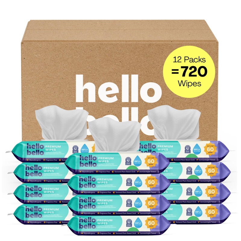 Hello Bello Premium Fragrance-Free Baby Wipes, with Chamomile & Aloe Extracts for Sensitive Skin - 12 Resealable Packs = 720 Total Wipes - Image 1