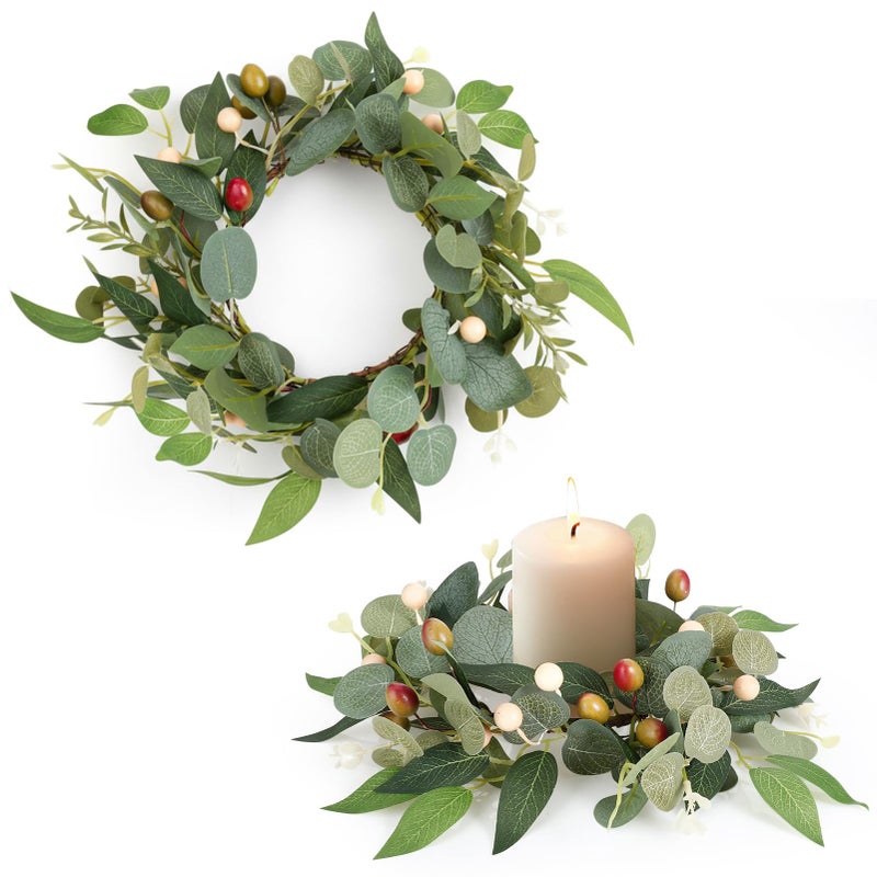 Ovveroche 2 Pcs 4 Inch Mini Eucalyptus Wreaths for Candles, Spring Candle Rings with Olive Leaves Berries Candle Garland Pillar 3.94 Inch Small Wreath Decor for Centerpiece Cabinet Table - Image 1