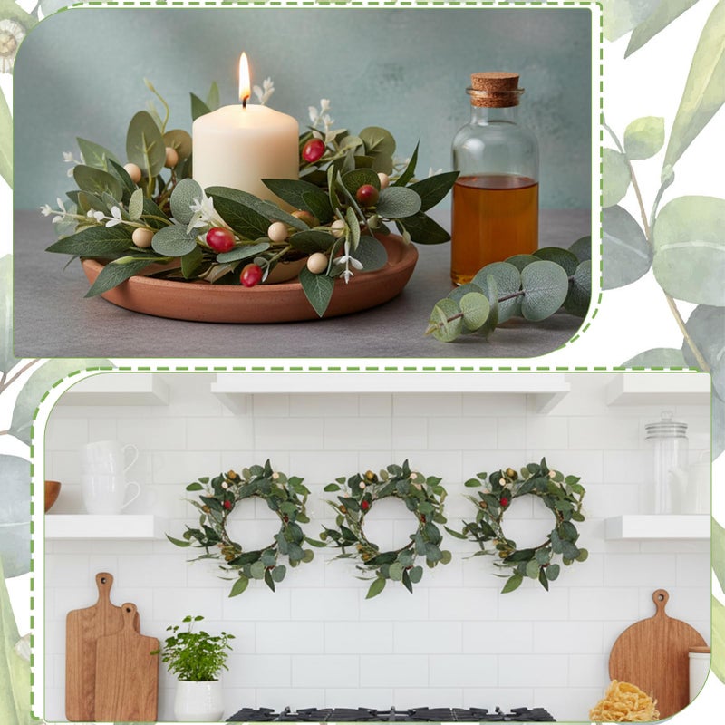 Ovveroche 2 Pcs 4 Inch Mini Eucalyptus Wreaths for Candles, Spring Candle Rings with Olive Leaves Berries Candle Garland Pillar 3.94 Inch Small Wreath Decor for Centerpiece Cabinet Table - Image 4