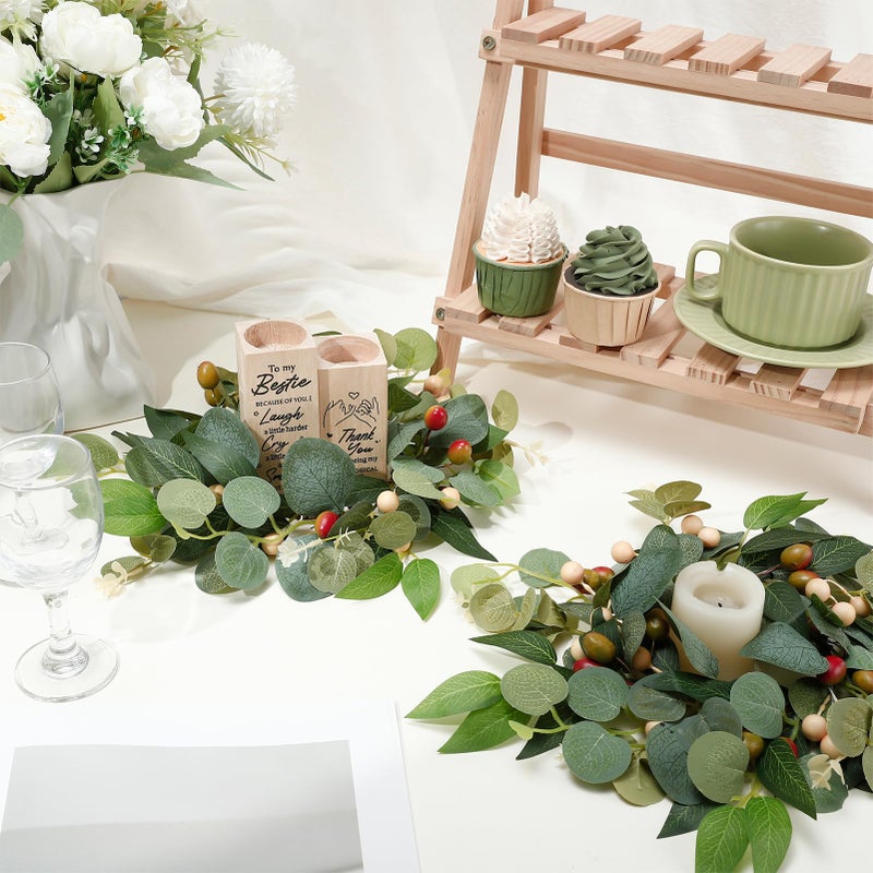 Ovveroche 2 Pcs 4 Inch Mini Eucalyptus Wreaths for Candles, Spring Candle Rings with Olive Leaves Berries Candle Garland Pillar 3.94 Inch Small Wreath Decor for Centerpiece Cabinet Table - Image 2