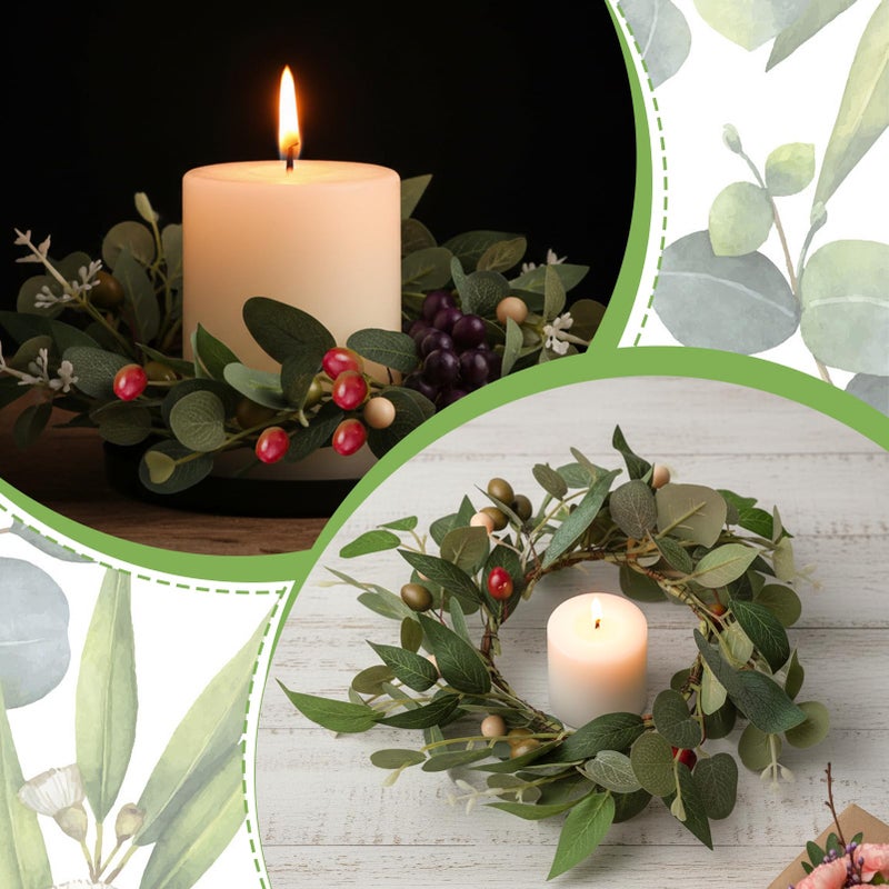 Ovveroche 2 Pcs 4 Inch Mini Eucalyptus Wreaths for Candles, Spring Candle Rings with Olive Leaves Berries Candle Garland Pillar 3.94 Inch Small Wreath Decor for Centerpiece Cabinet Table - Image 3