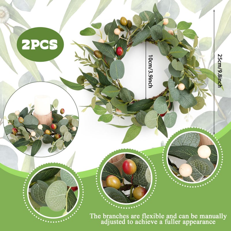 Ovveroche 2 Pcs 4 Inch Mini Eucalyptus Wreaths for Candles, Spring Candle Rings with Olive Leaves Berries Candle Garland Pillar 3.94 Inch Small Wreath Decor for Centerpiece Cabinet Table - Image 5